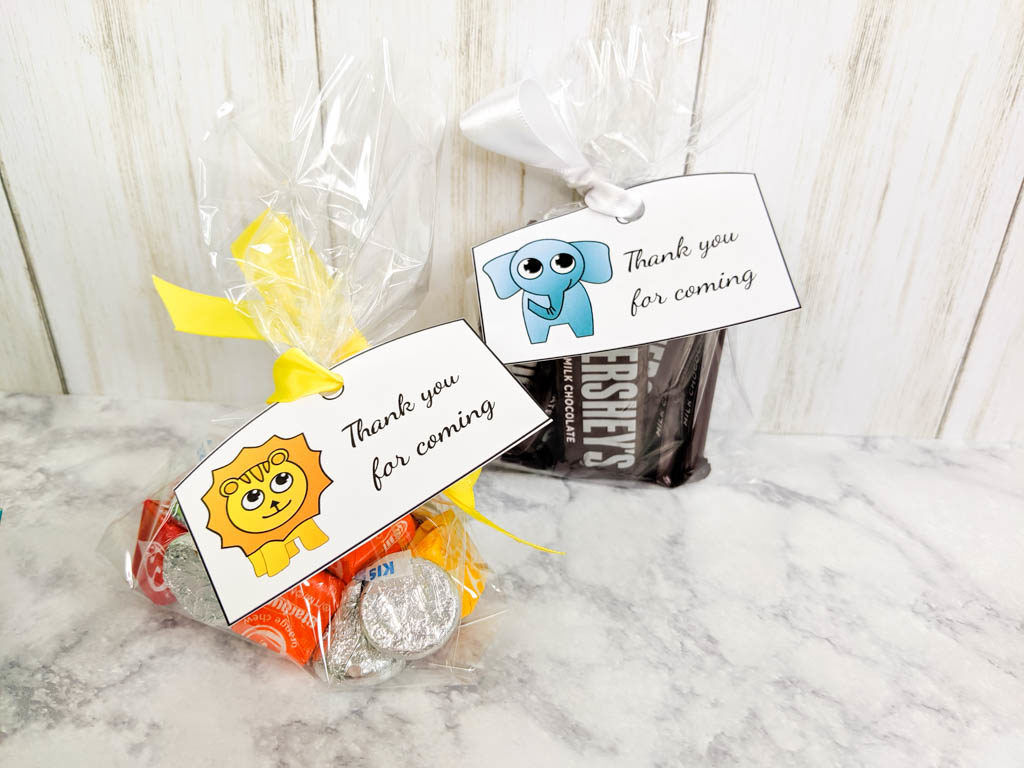 Goody bags filled with candy. A Thank you tag featuring a lion and elephant have been tied on them with ribbon.