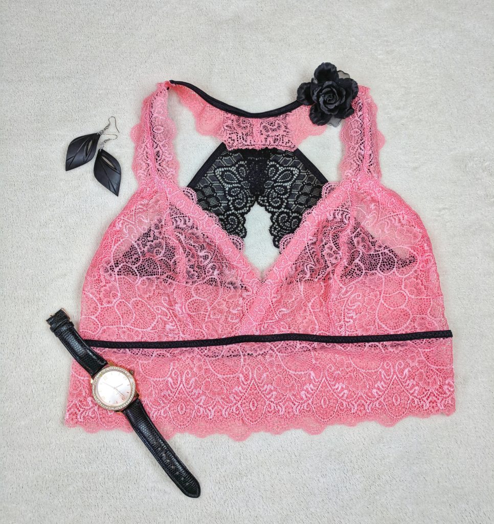Finished Black and Coral Lace Bralette