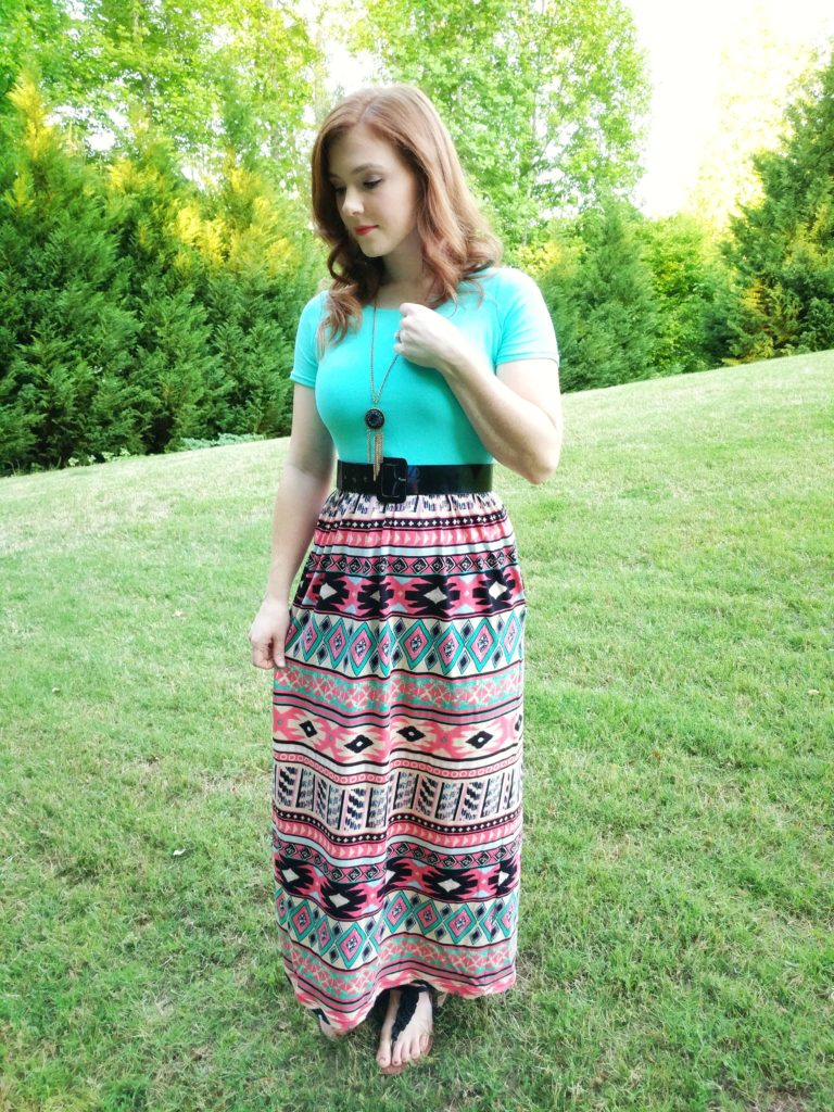 Finished teal and patterned maxi dress