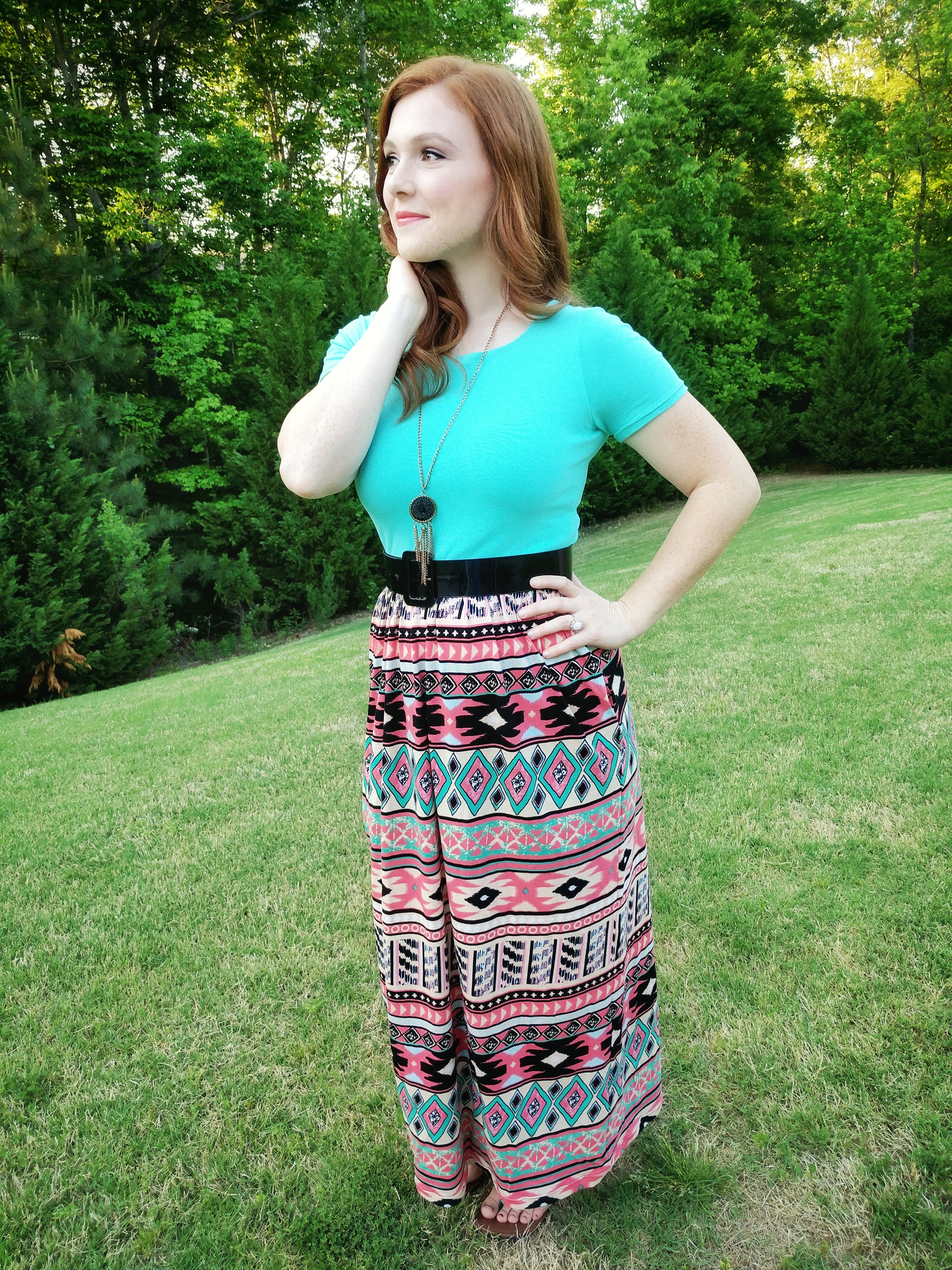 Finished teal and patterned maxi dress