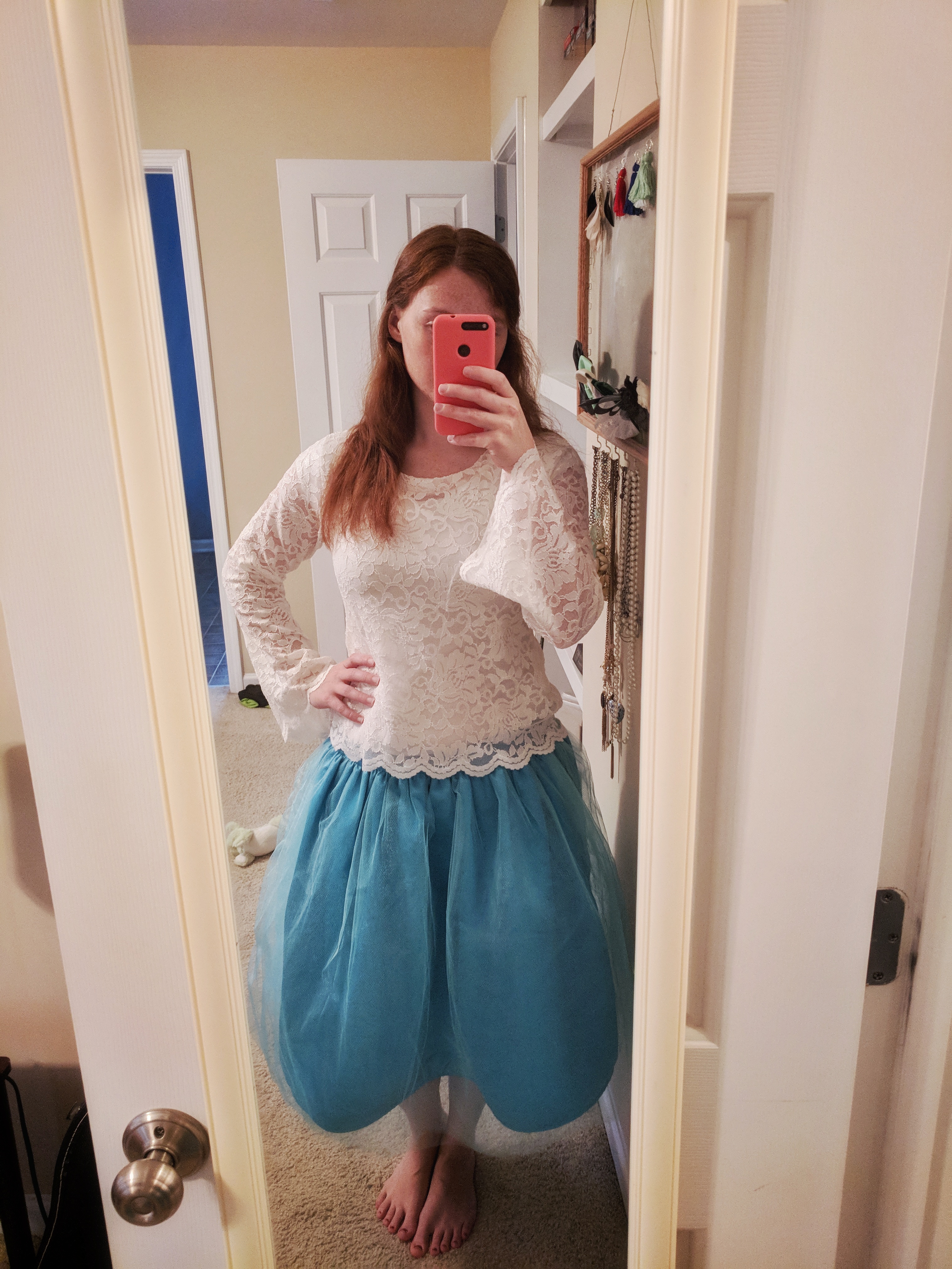 Blue tulle skirt paired with lace shirt
