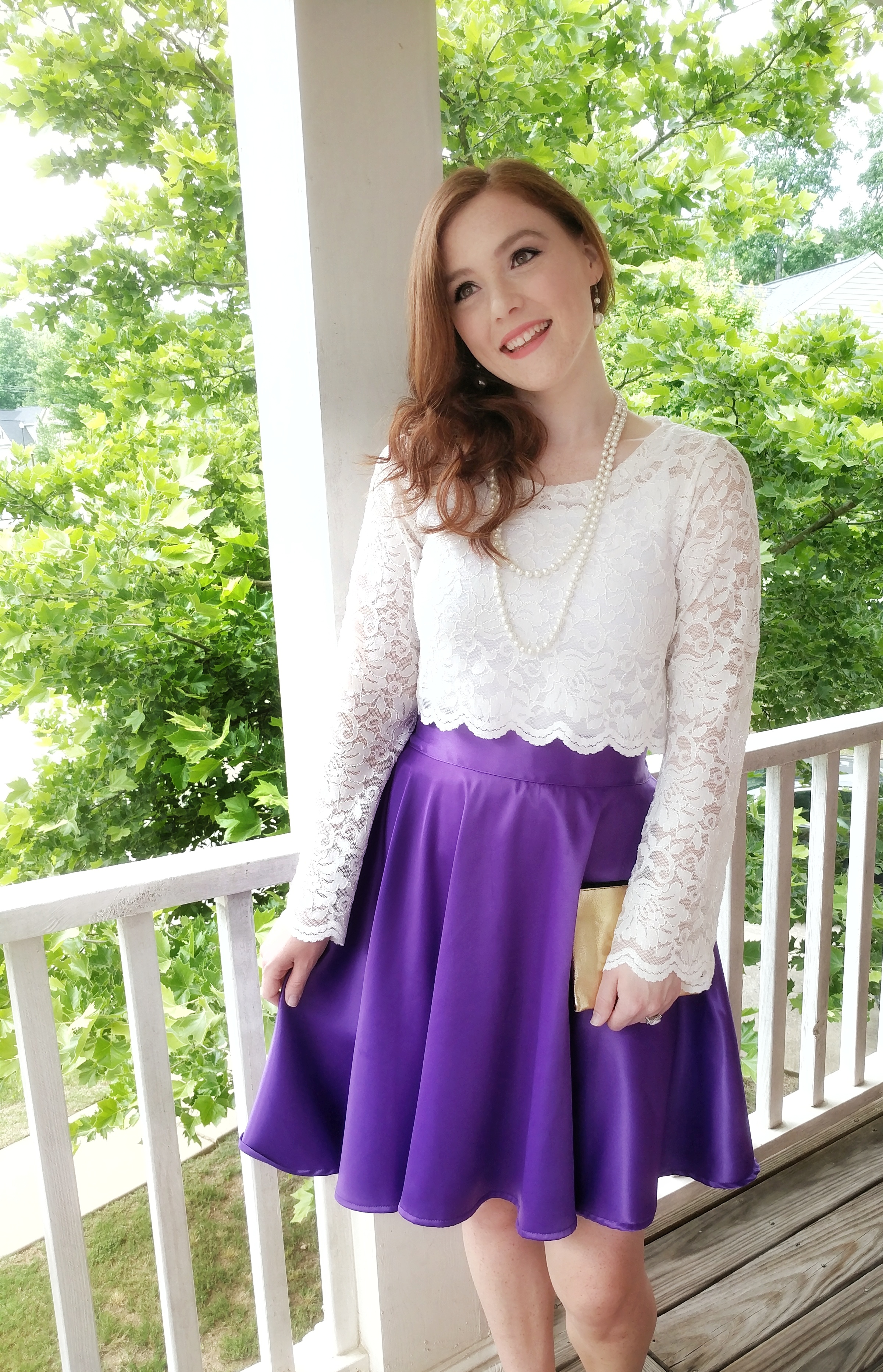 Purple skirt paired with a lace crop top