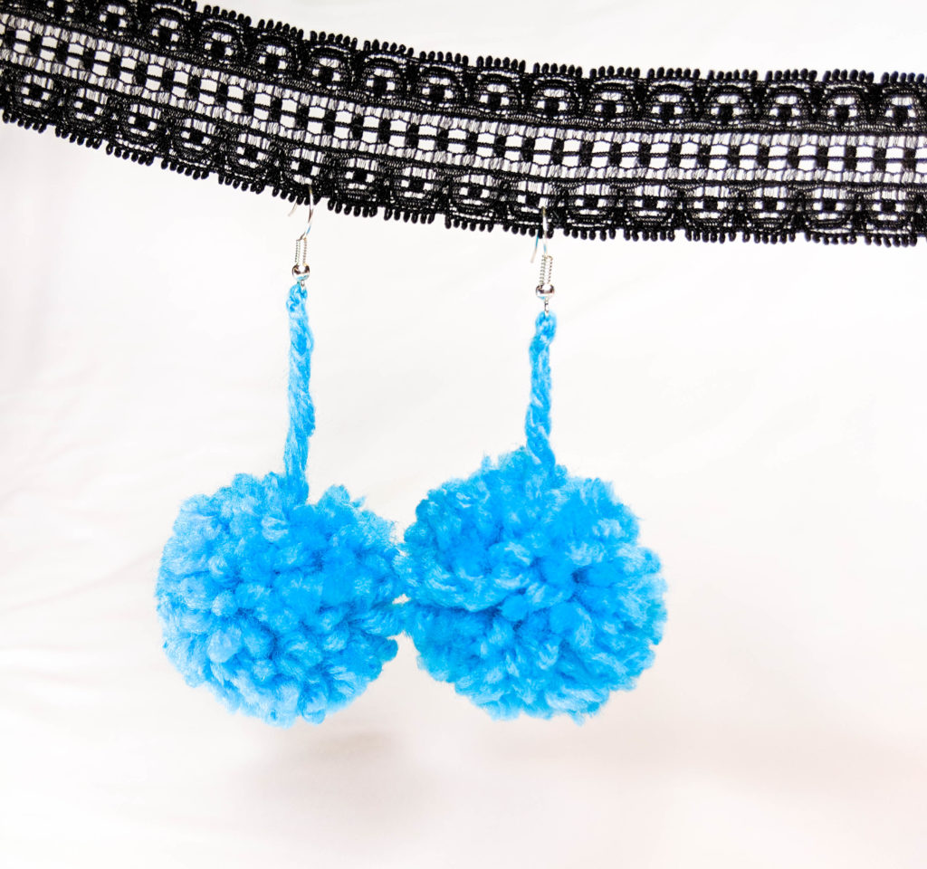 Earrings version two. Made with regular earring hooks and blue pom poms.