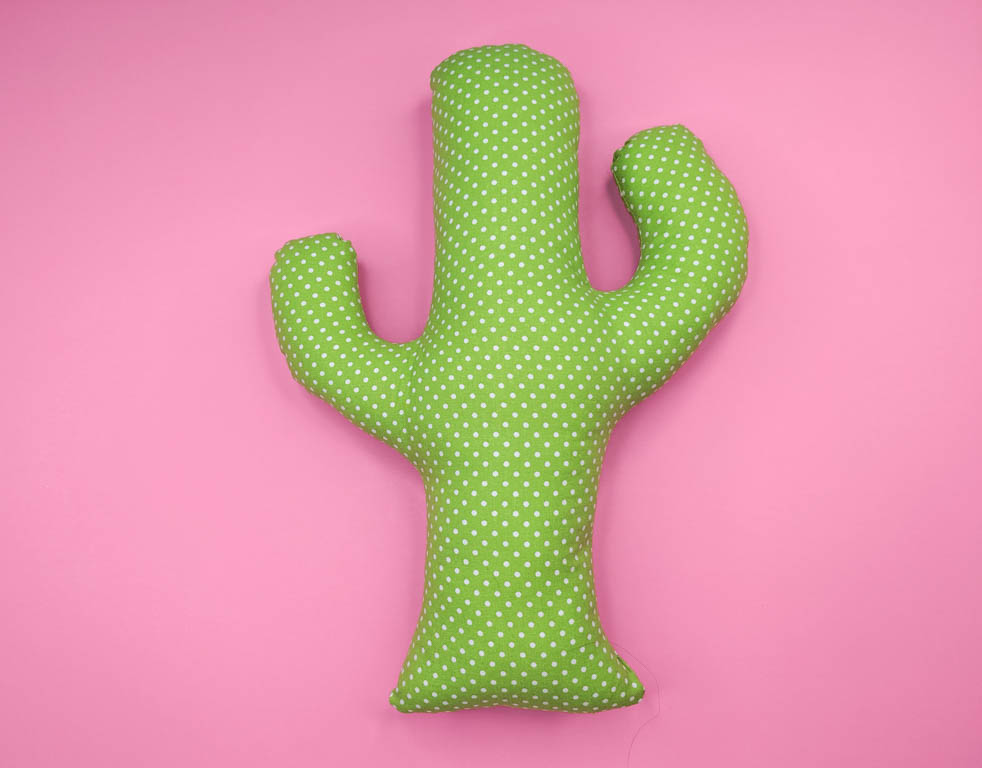 green cactus pillow on a pink background.