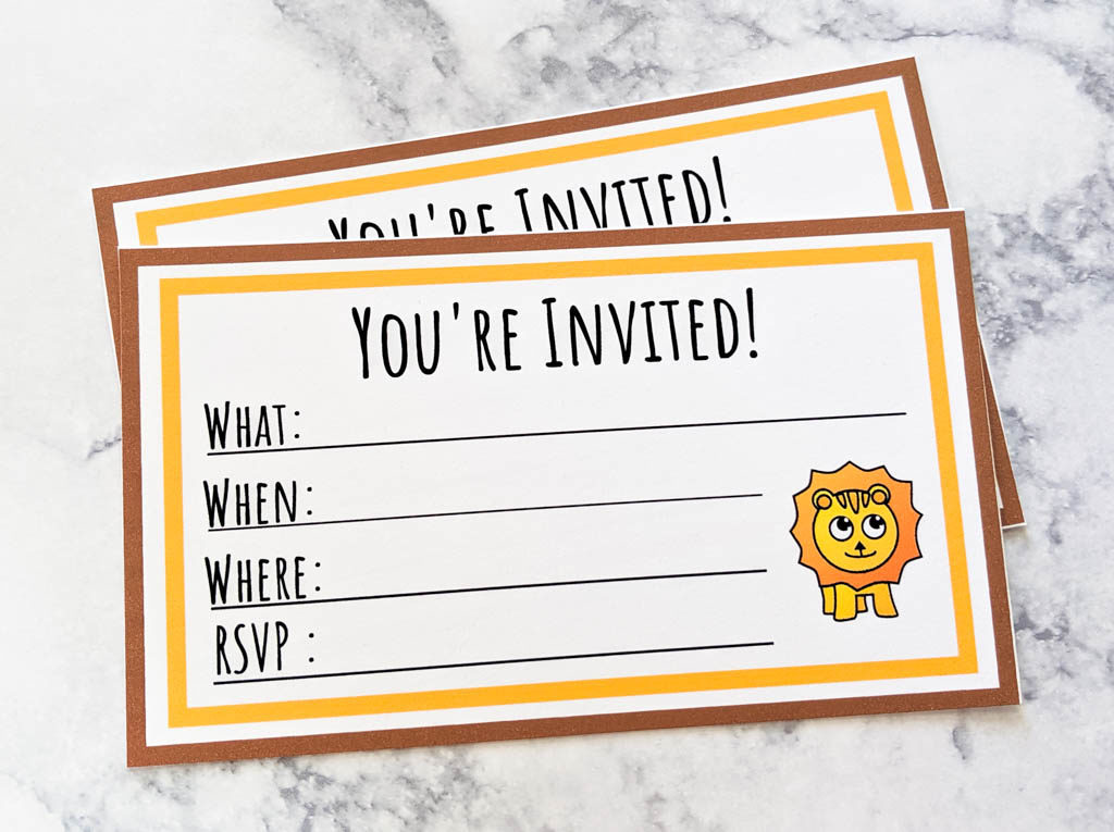 two invitations stacked. Fields include "What, when, where and RSVP" featuring a lion in the corner.