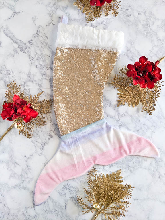 Mermaid tail stocking made with sequins and faux fur.