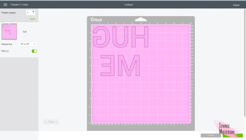 Showing the mirrored setting in cricut.