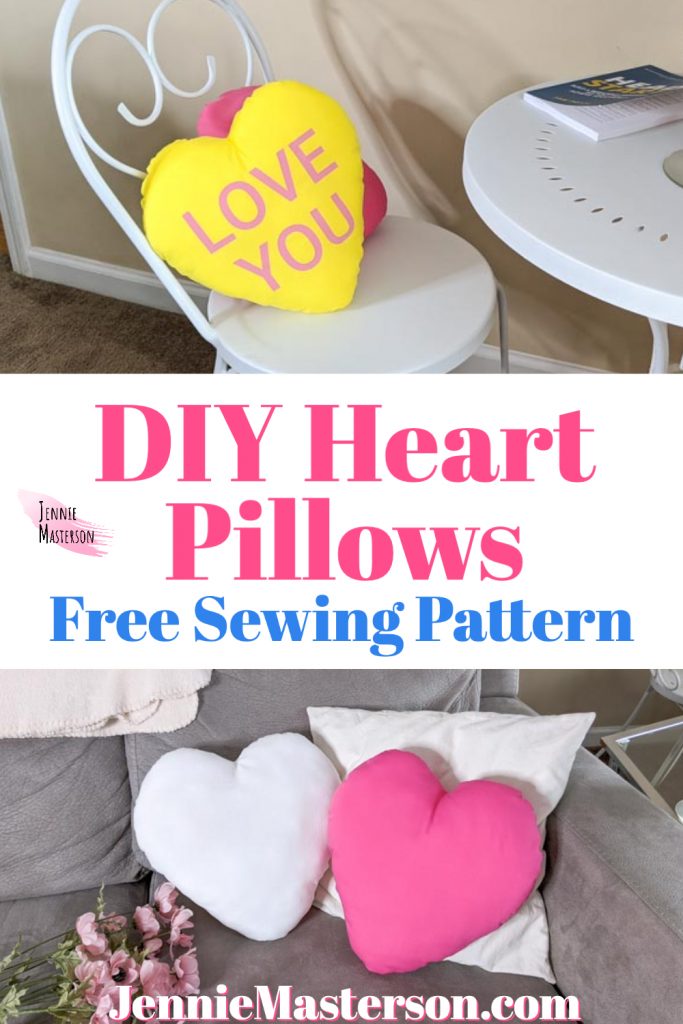 DIY heart pillows free sewing pattern pinterest image.