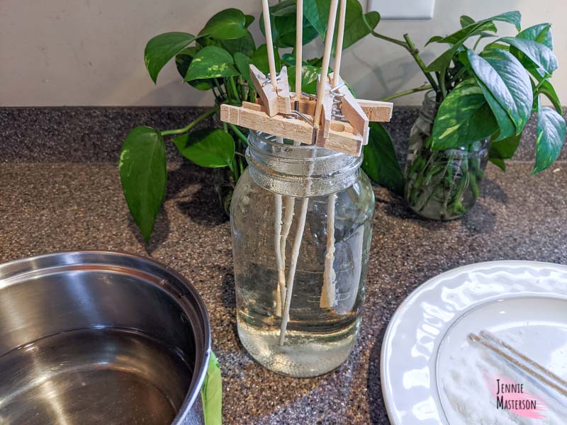 Mason jar filled with rock candy solution. Skewers have been placed inside.