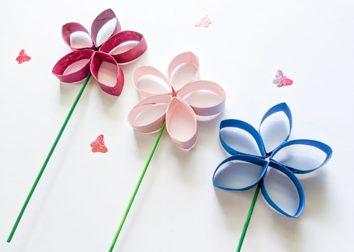Flowers made from empty toilet paper rolls.