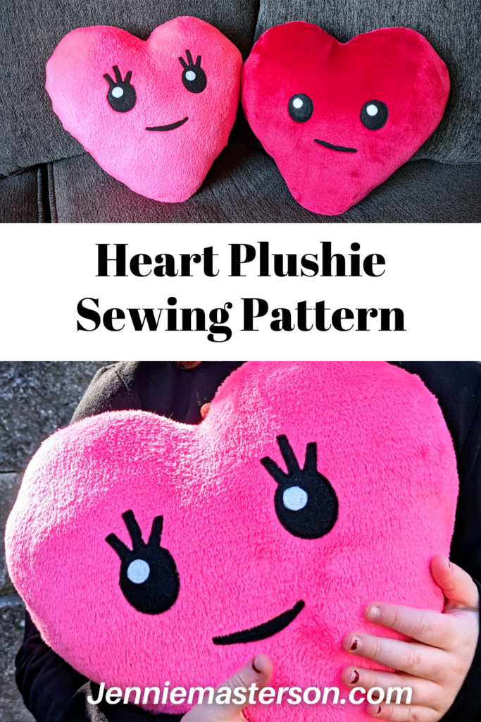 Pinterest pin for heart plushies. Displays two images of the plushies.